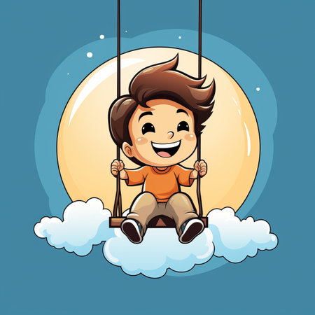 cartoon boy on swing in the skyの素材