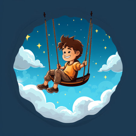 cartoon illustration of a boy on a swing in the skyの素材