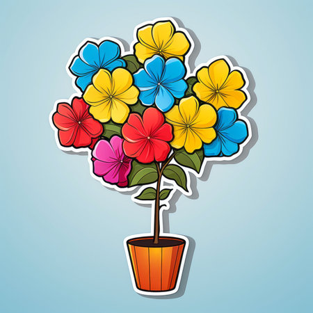 colorful flowers in a pot on a blue backgroundの素材