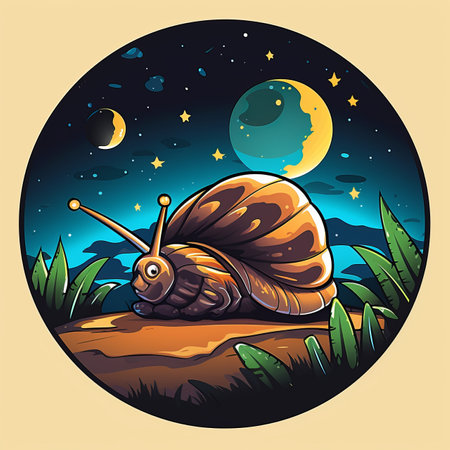 cartoon snail on the grass at night with the moon and stars in the backgroundの素材