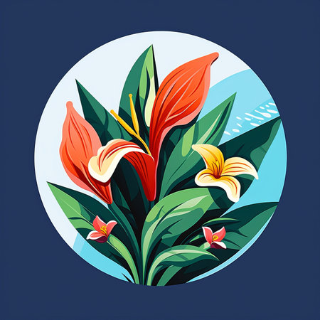 illustration of flowers in a circle on a blue backgroundの素材