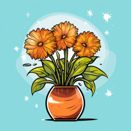 orange flowers in a vase on a blue backgroundの素材