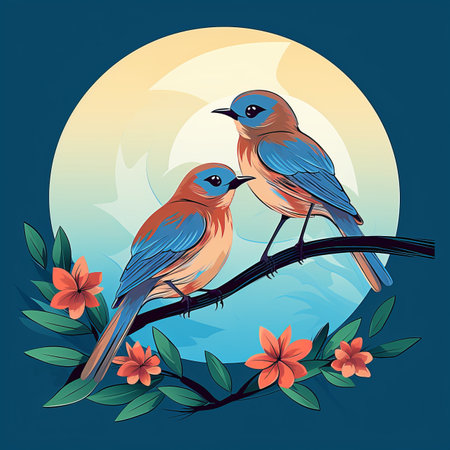 two birds sitting on a branch with flowers in the backgroundの素材