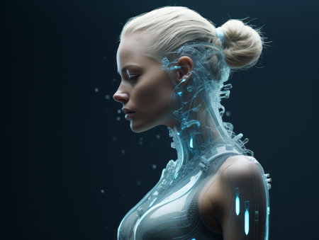 3d rendering of a woman in a futuristic suit on a dark backgroundの素材