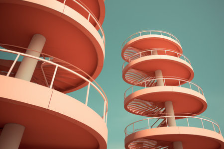 3d rendering of spiral staircases in an orange buildingの素材