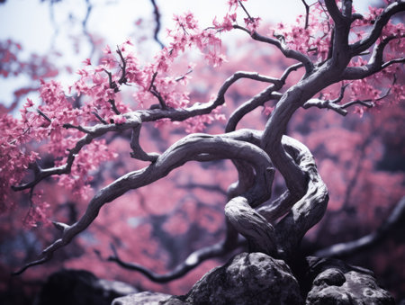 a bonsai tree with pink flowers in the backgroundの素材