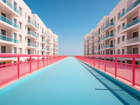 3d rendering of a long walkway in front of apartment buildingsの素材