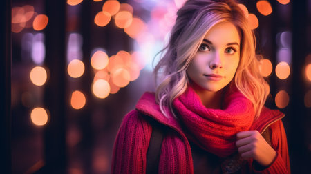 a beautiful woman in a red sweater and pink scarf standing in front of bokeh lightsの素材