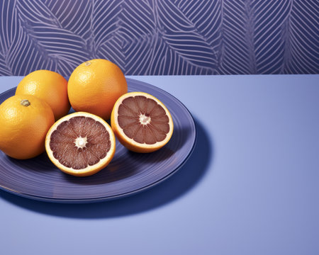 a blue plate with four oranges on itの素材
