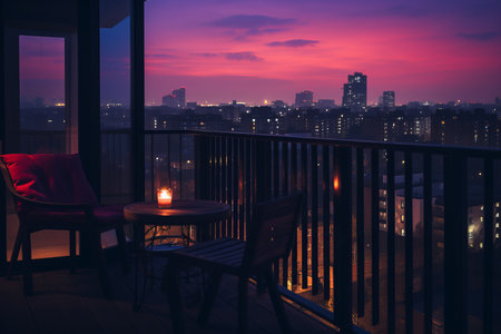 a balcony with a chair and a candle on itの素材