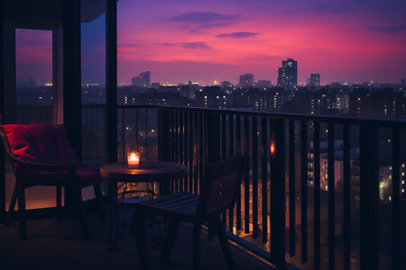 a balcony with a chair and a candle on it