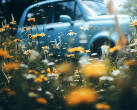 a blue car is parked in a field of wildflowersの素材
