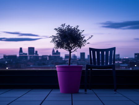 a chair and a plant on a balcony with a city in the backgroundの素材