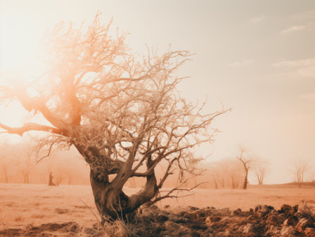 a bare tree in a field with the sun behind itの素材