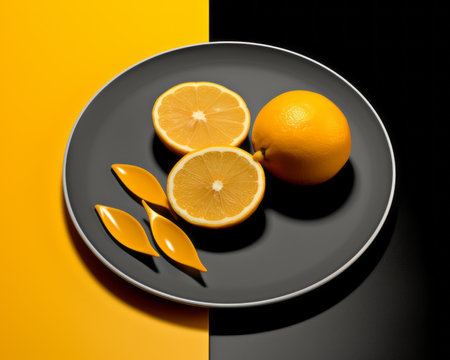 a black and yellow plate with two oranges on itの素材