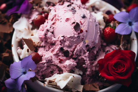 a bowl filled with ice cream and flowersの素材
