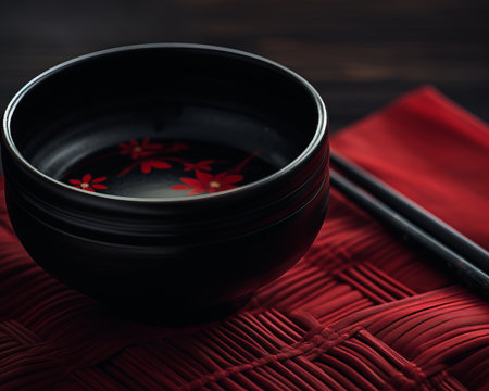 a black bowl with red flowers on it sitting on a red clothの素材