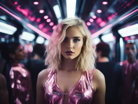 a blonde woman in a pink dress standing in front of a group of peopleの素材