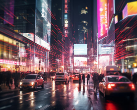 a blurry image of a busy city street at nightの素材