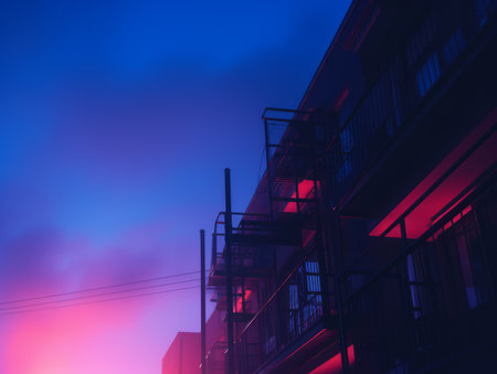 a building with red and blue lights at sunsetの素材