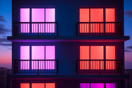 a building with purple and pink lights on the balconiesの素材