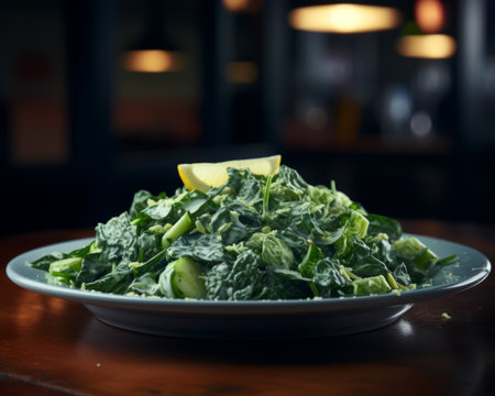 a bowl of kale salad with lemon wedges on a wooden tableの素材