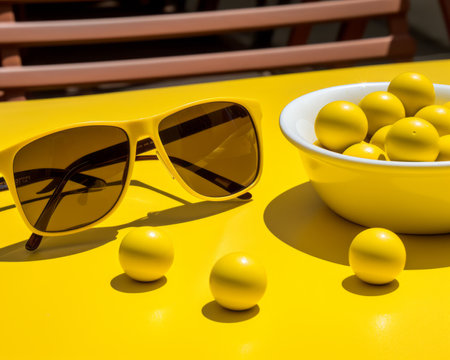 a bowl of yellow balls and sunglasses on a tableの素材
