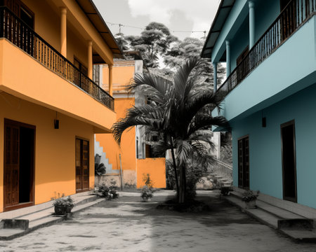 a black and white photo of an orange and blue buildingの素材