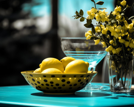 a bowl of lemons on a tableの素材