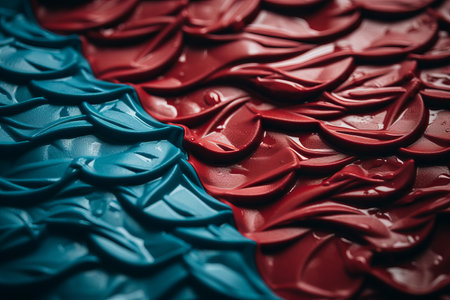 a close up view of a red and blue cakeの素材