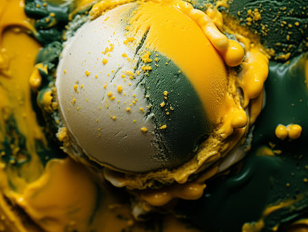 a close up of an ice cream covered in green and yellow paintの素材