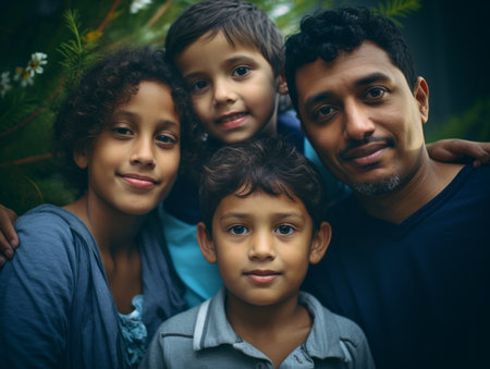a family poses for a photo in front of a treeの素材