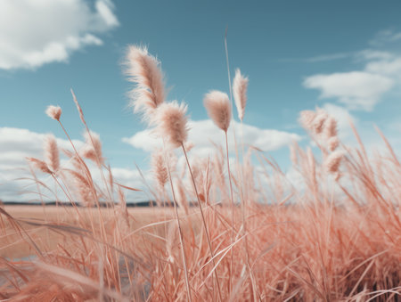 a field of tall grasses with a blue sky in the backgroundの素材