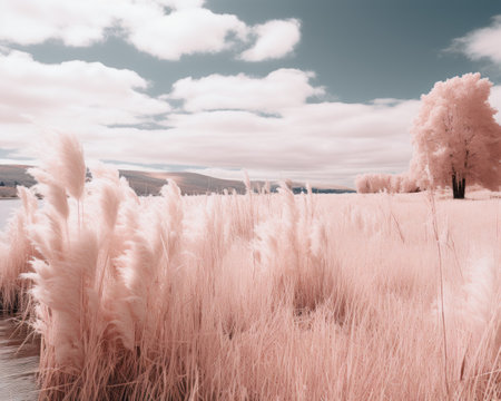 a field of pink pampas grass with a tree in the backgroundの素材