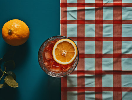 a glass of orange juice on a red and white checkered tableclothの素材