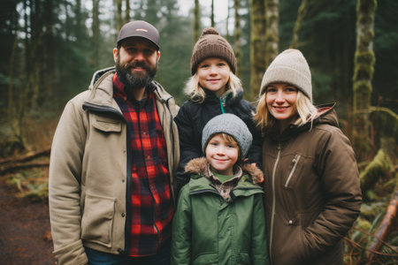 a family poses for a photo in the woodsの素材