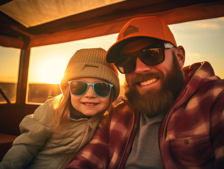 a man and a child sitting in a carの素材
