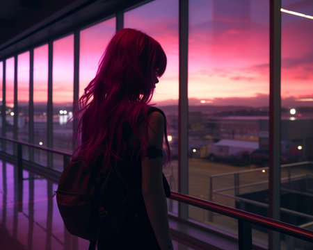 a girl with pink hair standing in front of a window looking out at an airportの素材