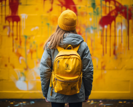 a girl with a yellow backpack standing in front of a graffiti wallの素材