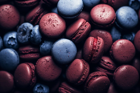 a close up of red and blue macaroonsの素材