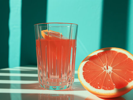 a glass of orange juice next to a grapefruitの素材