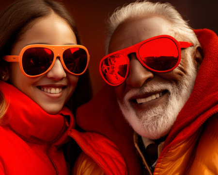 a man and a woman wearing red sunglassesの素材
