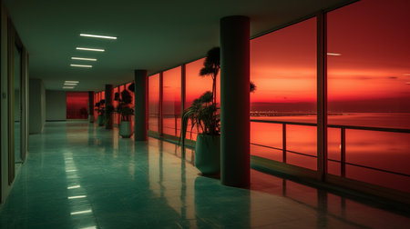 a hallway with a view of the ocean at sunsetの素材