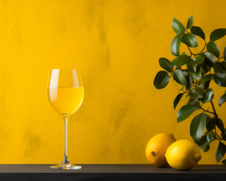 a glass of wine and lemons on a yellow backgroundの素材