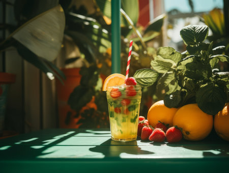 a glass of lemonade sitting on a table next to some fruitの素材