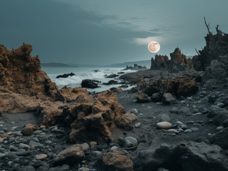 a full moon rising over a rocky beach at nightの素材