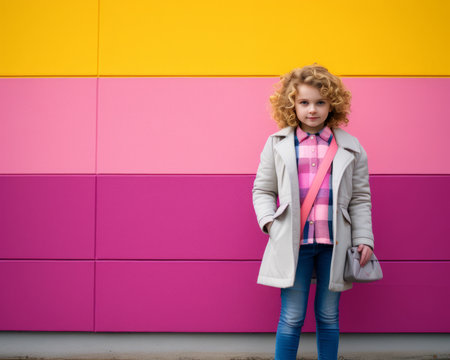 a little girl standing in front of a colorful wallの素材