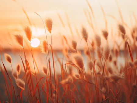 a field of grass with the sun setting in the backgroundの素材