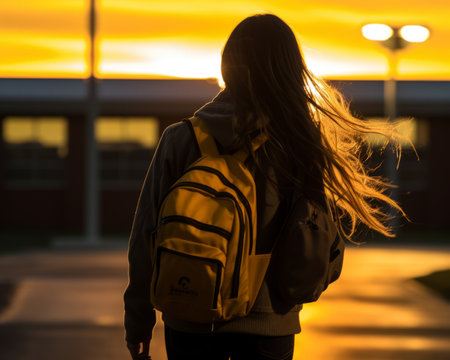 a girl with a backpack walking at sunsetの素材