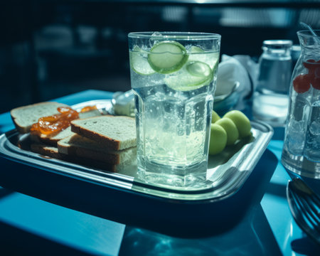 a glass of water and a slice of bread on a trayの素材